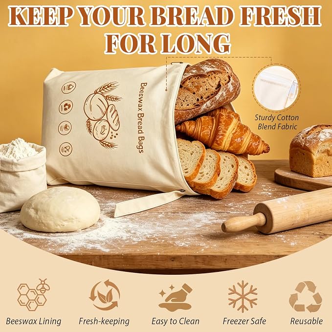 2 Pack Beeswax Bread Bags for Homemade＆Sourdough, 17"x13" XL Reusable Organic Linen with Wide Zipper, Freezer-Friendly Eco-Friendly Storage for Bread, Keeps Loaves Fresh Longer