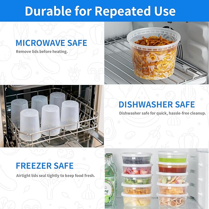 240 Sets 32oz Deli Food Storage Containers, Plastic Takeout Deli Cups for Meal Prep Leftover, Reusable Round Soup Containers with Lids, BPA Free, Stackable, Leakproof, Microwave and Freezer Safe