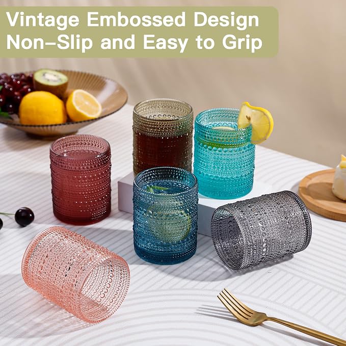 JOVGANK Colored Vintage Hobnail Drinking Glasses Set of 6, Embossed Water Tumbler 12oz, Kitchen & Bar Beaded Glass Cups, Beverage Glass Cups for Water, Beer, Juice, Housewarming Gift