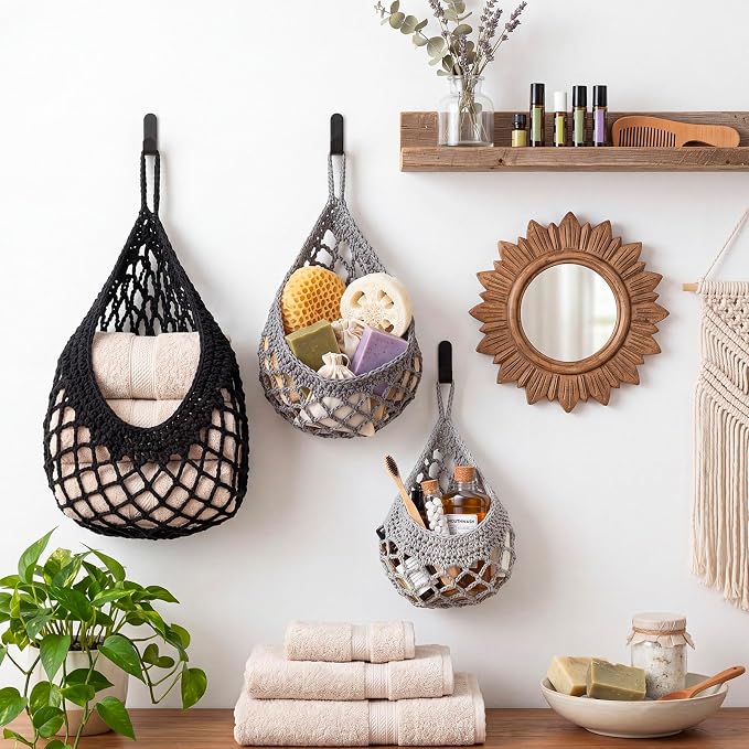 Honeydak Boho Decor Hanging Wall Baskets for Kitchen 3 Pack Teardrop Baskets with Hooks Storage Fruit Onion Vegetable Potato for Home 3 Sizes(Light Grey, White, Dark Grey,Crochet,Cotton Rope)