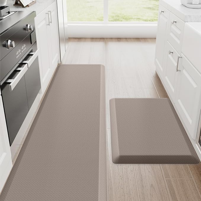 StepRite Kitchen Mats, 2PCS Kitchen Rugs, Cushioned Anti Fatigue Kitchen Mats for Floor, Non-Slip Standing Desk Mat, Waterproof Kitchen Rug Set for Kitchen, 20" x 32"+20" x 72"-Full 1 inch Thick,Khaki