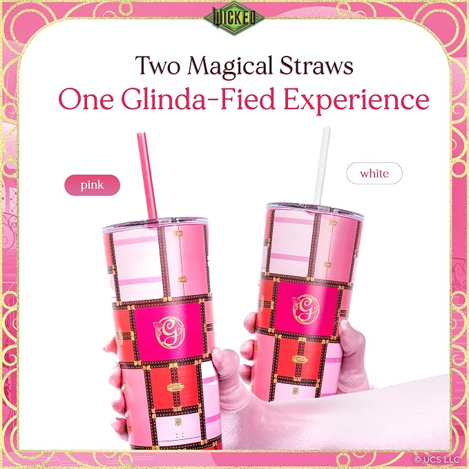 Dragon Glassware x Wicked Vacuum Insulated Tumbler with Lid and Straw - 24 oz Tumbler Cup with 2 Straws - Stainless Steel Tumbler with Straw for Water, Iced Tea - Wicked Glinda Tumbler