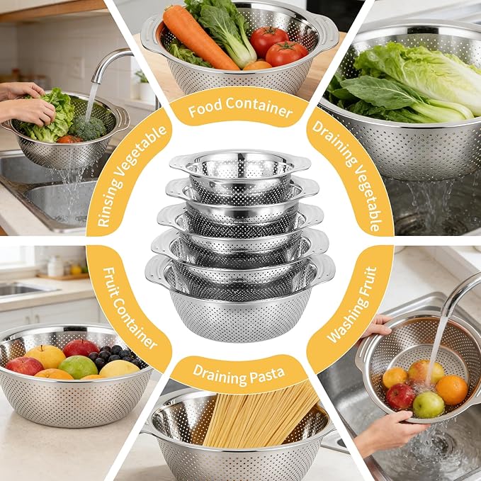 Stainless Steel Colander for Kitchen, 5 Pack Metal Kitchen Strainer Bowls with Handles, Food Strainer Basket for Pasta, Noodles, Vegetables and Fruit, Nesting Design, Dishwasher Safe
