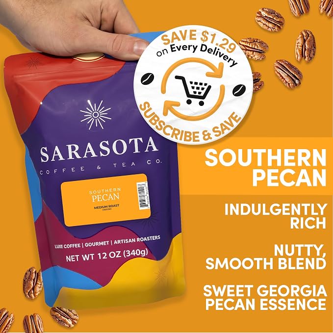 Southern Pecan Ground Coffee | Pecan Flavored Coffee Medium Roast | Rich Nutty Gourmet Flavored | Specialty Grade | 12 oz