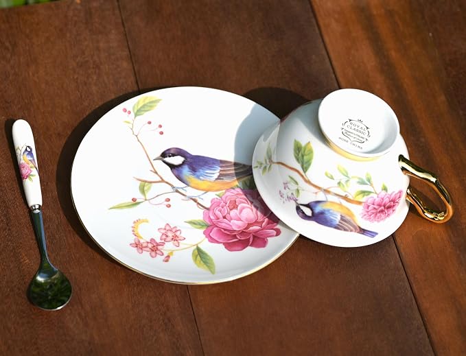 British Coffee Cup 3 Piece Set（6.8oz） Household Fashional Tea Cup with Saucer Spoon (white-magpie)