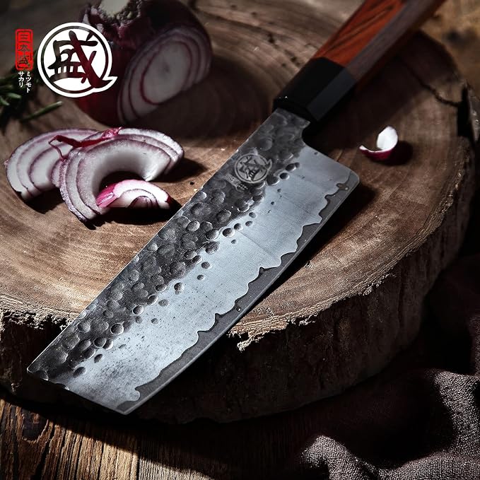 MITSUMOTO SAKARI 4-Piece Japanese Chef Knife Set, San-Mai 9Cr18MoV | Gyuto Santoku Nakiri Paring, Deep-Cryo Heat Treatment, Tsuchime Food Release, Rosewood Handles, Sandalwood Box