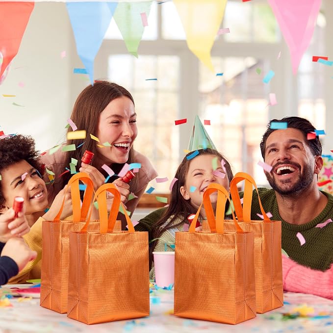 Eccliy Reusable Gift Bags Set Glossy Grocery Gift Tote Bag with Handle for Wedding, Bridal Shower, 4th of July, Summer Event(10 x 8 x 4.7 Inch,Orange,80 Pcs)