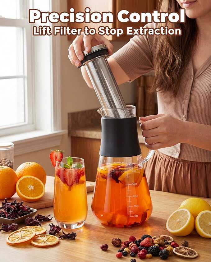 AGOGO Glass Coffee Maker & Tea Pitcher, Hot & Cold Immersion Brewer with Stainless Steel Filter, Silicone Grip Carafe for Countertop Sharing, Iced Tea & Fruit Water, Gift Box 54oz