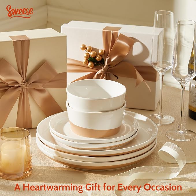 Sweese 18 Pieces Porcelain Dinnerware Set, Modern Dish Set for 6, Hand Painted Kitchen Plates and Bowls Sets, Scratch Resistant Dishware Sets, Dishwasher & Microwave & Oven Safe Dinner Set, Brown