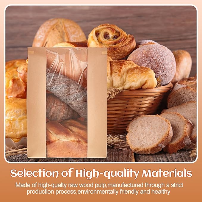 Honoson 300 Pcs Large Paper Bread Bags for Homemade Gift Giving, Sourdough Bread Bags with Window, Bakery Storage Tin Tie Tab Lock Cookie Packaging with Label Seal Stickers (Cute Style)