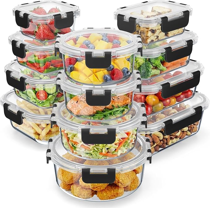 Emporio Kitchen Borosilicate Glass Food Storage Containers with Lids 24 Pieces, BPA-Free Stackable Lunch & Leftover Containers, Microwave, Freezer & Dishwasher Safe, 100% Airtight Leak-Proof, Black