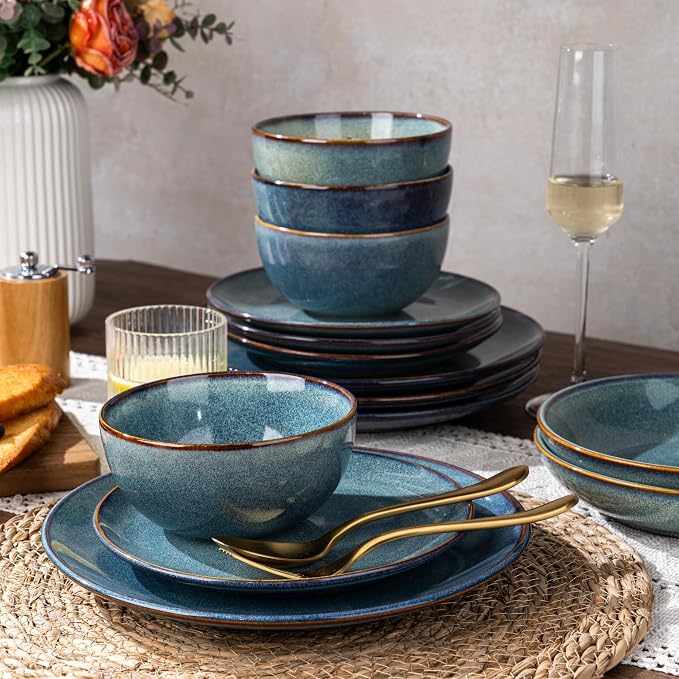 GBHOME 24 Pieces Double Bowls Dinnerware Sets for 6, Stoneware Plates and Bowls Set with Reactive Glaze, Scratch Resistant Stoneware Dishes Set, Dishwasher & Microwave Safe