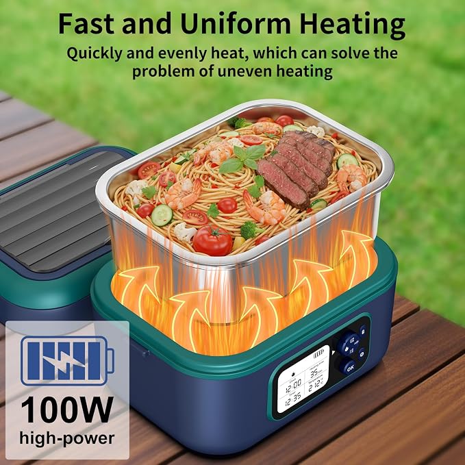 Cordless Electric Heated Lunch Box, 1.5L - 6.3 Cups 100W Rechargeable Smart Self-Heating Food Warmer with Removable Divider, Spoon, Fork, BPA Free, Portable Lunchbox for Car Travel Office Blue