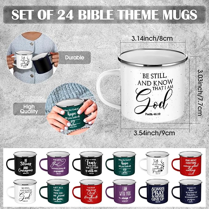 Mifoci Christian Enamel Mugs Gifts Inspirational Coffee Mugs with Handle Bible Verse Religious Camping Cups Church Party Favors for Church Clergy Pastor Men(Colorful,24 Pcs)