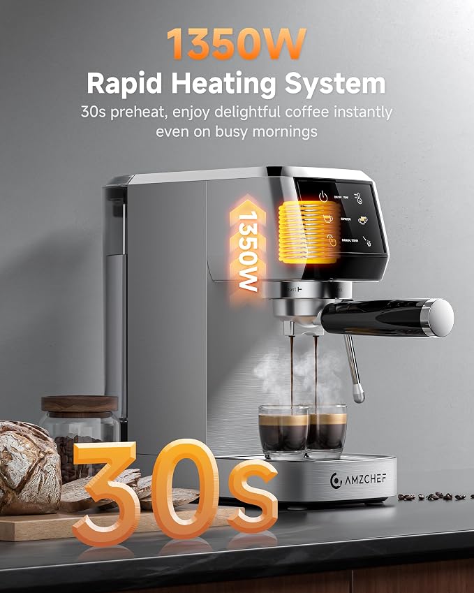 AMZCHEF Compact Espresso Machine, 20Bar Home Barista Coffee Maker with 1350W Fast Heating, 3-Level Temperature Control, 360° Adjustable Steam Wand, HD Touch Screen, Small Footprint for Kitchen