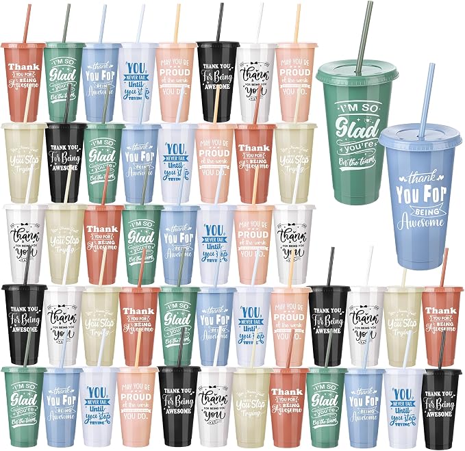 Kochorie 48 Pieces Thank You Cups 24 Oz Inspirational Plastic Tumbler Cup with Lids and Straws Reusable Appreciation Gift Bulk Thank You Gifts for Staff Coworker Teacher Employee, Neutral