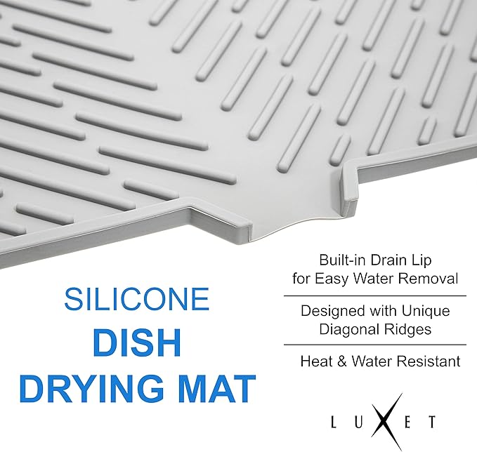 Luxet Silicone Dish Drying Mat with Built-in Drain Lip - Hygienic Drying Pad - Sturdy Compact Easy to Clean Tray Protects Surfaces Prevents Water Build Up -16.5 x 13 Inches (grey)