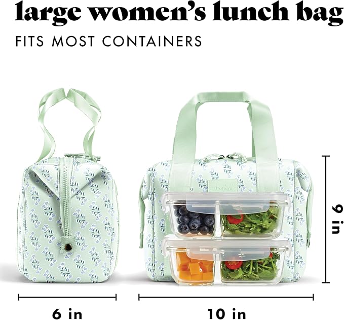 Fit & Fresh Remi Lunch Bag for Women Work – Neoprene Lunch Tote with Containers & Ice Pack, Reusable Meal Prep Lunch Box, Large Capacity, Machine Washable, Sage Flower