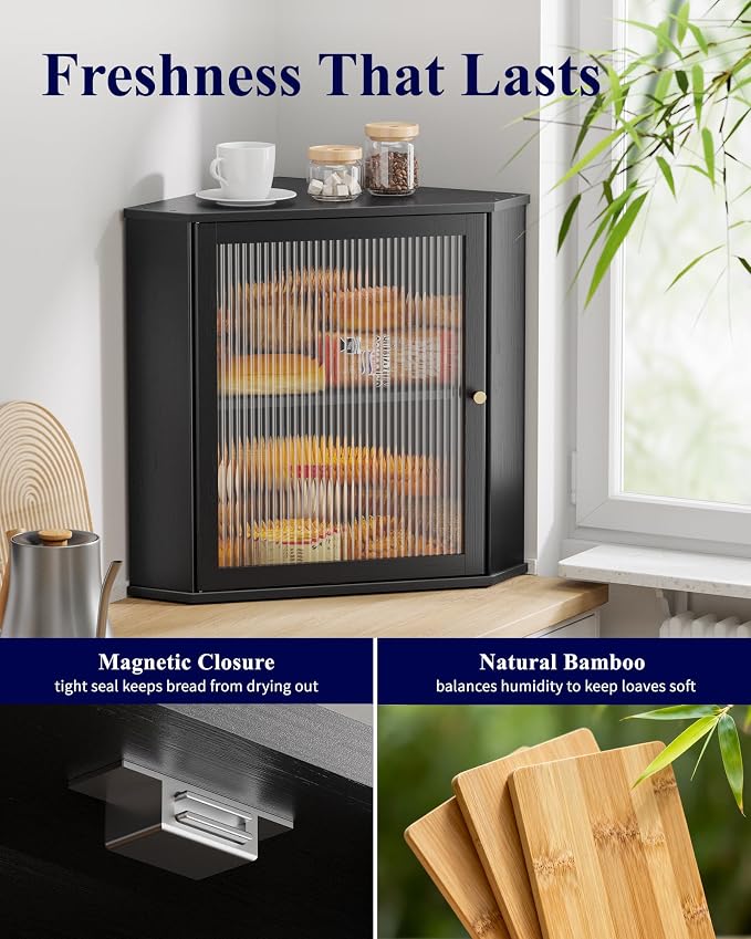 Kitsure Bread Box - 2-Tier Corner Bread Box for Kitchen Countertop with Magnetic Acrylic Door, Bamboo Kitchen Counter Organizer for Snacks, Loaves, Homemade Bread Storage, Black, 16.5" H