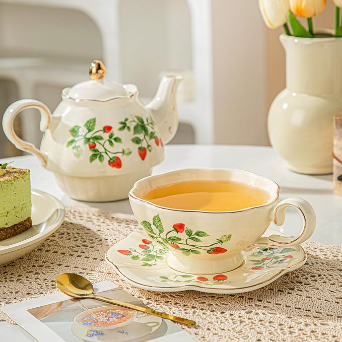 Teapot cup combo,Teapot and Teacup for One,Tea Cup and Saucer Set-Tea Pot Set Gift for Girl Women,strawberry