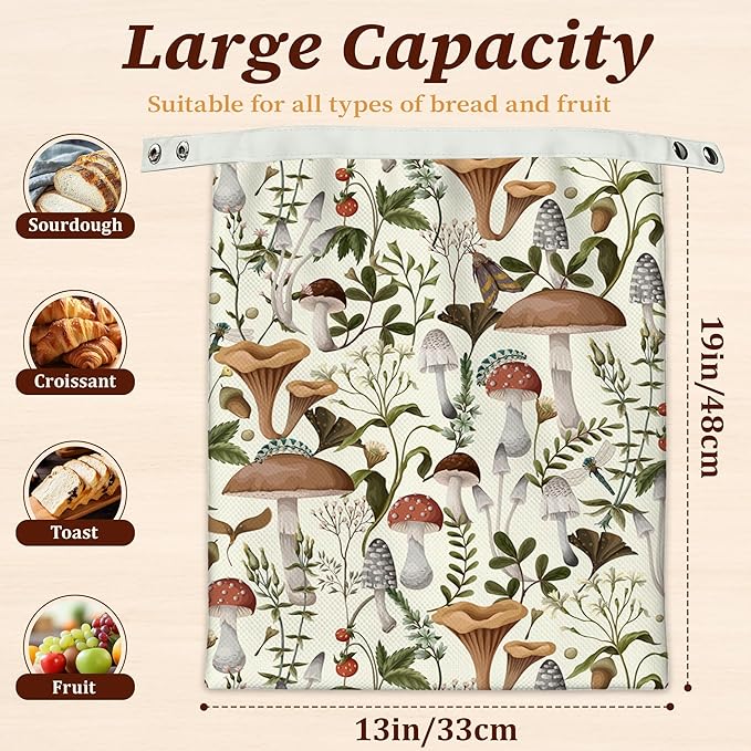 Bread Bags for Homemade Bread- Mushroom Forest Dragonfly Berry 2 Pack Linen and Beeswax Sourdough Storage Bags, Reusable Keeper, Keeps Breads Fresh Longer, Gifts for Bakers