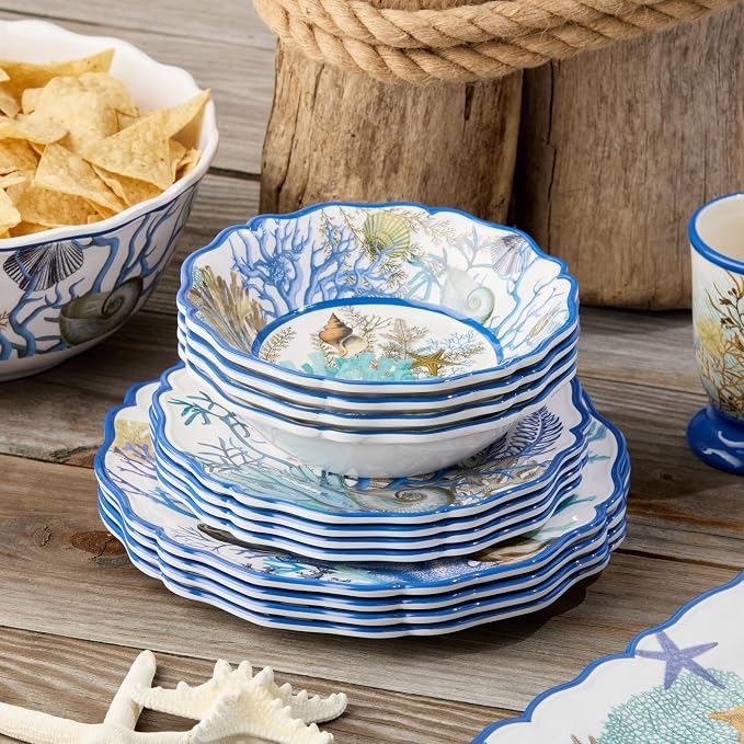 Blue Lagoon Melamine 12-Piece Dinnerware Set – Coastal Coral and Shell Design, Service for 4 – 11" Dinner Plates, 9" Salad Plates, and 28oz Bowls – Durable, Lightweight, BPA-Free, Dishwasher SafE