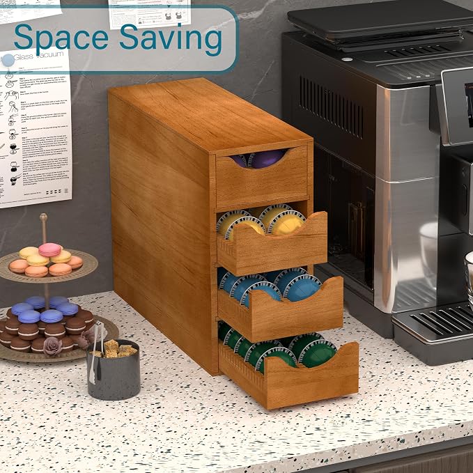 Suli Coffee Pod Holder, Coffee Capsule Storage Organizer, Save Space Coffee Pod Organizer for Countertop, Extra Large Storage Rack with Drawer, 4 Tier,104 Pods,Wood,Brown