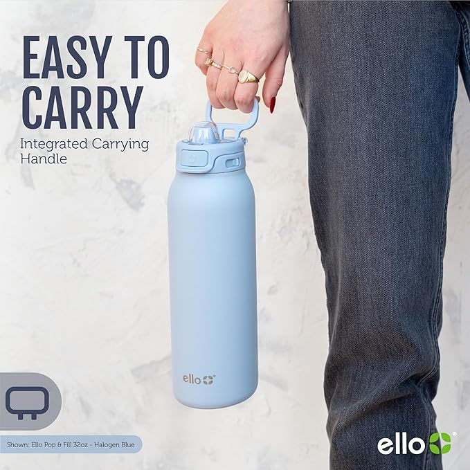 Ello Pop & Fill 22oz Stainless Steel Water Bottle with Quick Fill Technology, Double Walled and Vacuum Insulated Metal, Leak Proof Locking Lid, Sip and Chug, Reusable, BPA Free, Pistachio