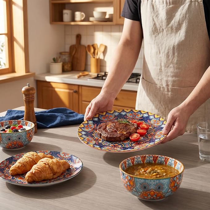 12-Piece Bohemian Porcelain Dinnerware & Dish Sets for 4 – Microwave & Dishwasher Safe, Scratch & Chip Resistant, Colorful Ceramic Plates & Bowls for Kitchen, Wall Decor & Housewarming Gift