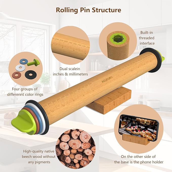 Rolling Pin with Adjustable Thickness Rings and Pastry Baking Mat Dough Thickness for Baking, Fondant, Pizza, Pie, Cookies, Pastries, 13.6" with 4 Multi-Color Thickness Rings and Wooden Stand