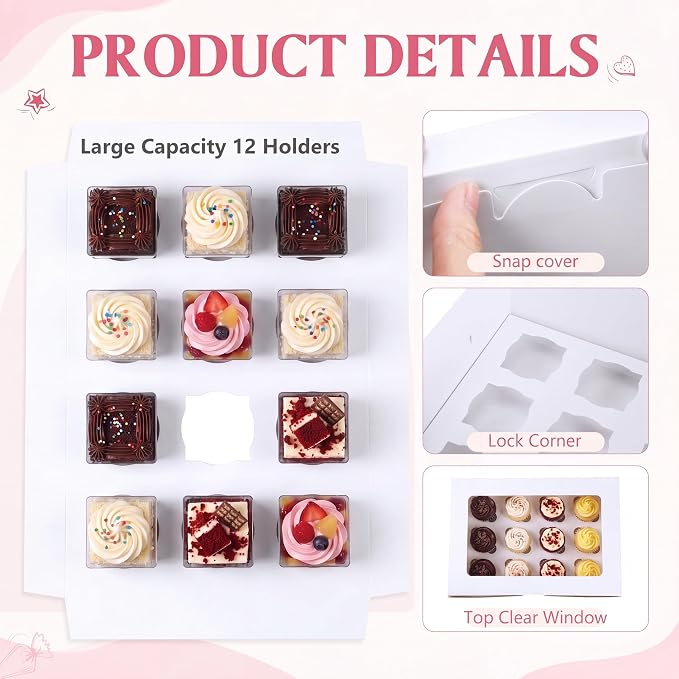 15 Pack Dessert Shooter Box with Window, Holds 12 Count 5 oz Square or Round Cups, Disposable Dessert Carrier for Party & Catering, 12.8 x 8.8 x 5.5 Inch