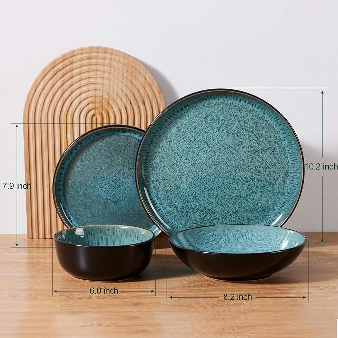 LIANYU Stoneware Dinnerware Sets with Pasta Bowls, 16 Piece Plates and Bowls Dishes Set for 4, Dishwasher Safe Dining Ware Dishware for Home Kitchen, Microwave Safe, Pastel Turquoise