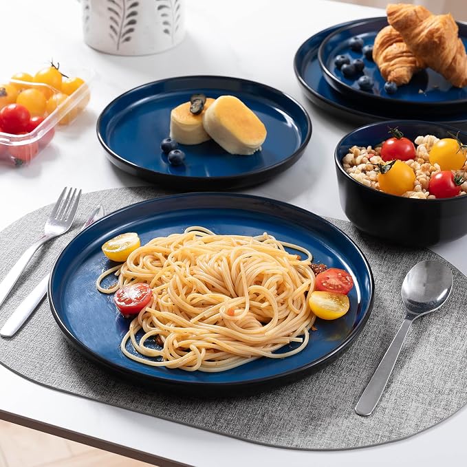 Melamine Dinnerware Sets, 12 Pcs Unbreakable Plates and Bowls Set, Outdoor Dinnerware RV and Camper Dishes Sets for 4, Kitchen Dishes Set for Entertaining, Black and Blue