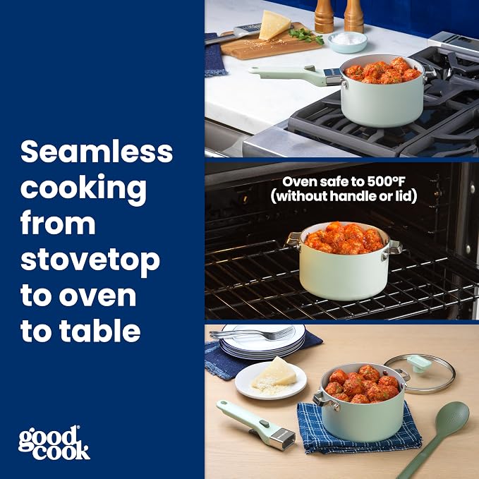GoodCook Ceramic Sauce Pan with Removable Handle & Lid, Induction Compatible, Nonstick and Oven Safe, 3-Quart, Sage Green