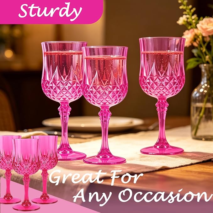 Plastic Wine Glasses, Plastic Goblets Vintage Style Cordial Unbreakable Drinking Glasses, Reusable Drinkware for Wedding Reception, Grand Event Party Supplies (12, Hot Pink)