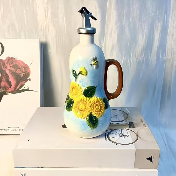 18.26oz/540ml Decorative Olive Oil Dispenser Bottle for Kitchen,Hand Painted Relief Ceramic Olive Oil Bottle,Ceramic Oil Container (B-Sunflower)