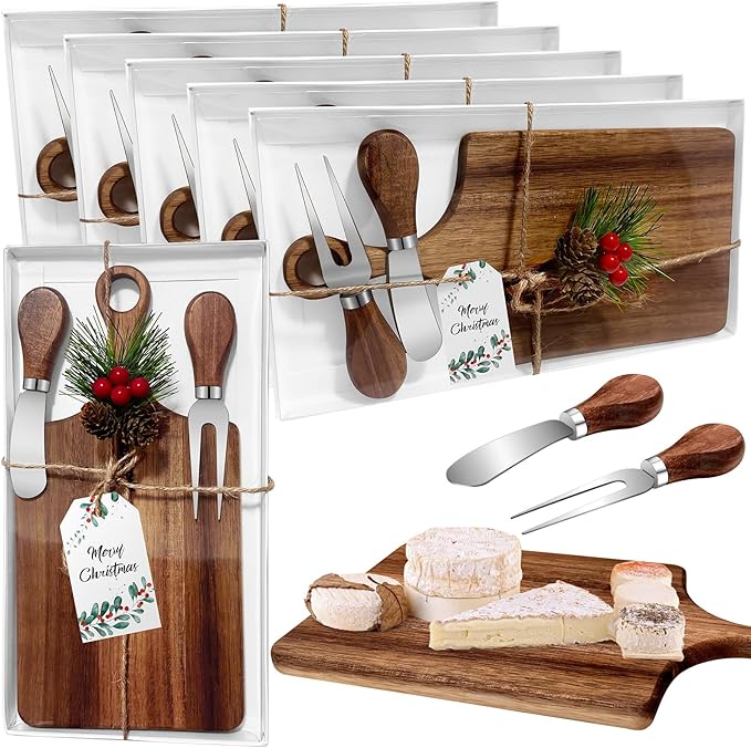 5 Set Christmas Gifts Bridal Shower Favor Acacia Wooden Square Cheese Board Gift Set With Knives, Mini Cutting Board Bulk Set, Tags and Boxes for Party Birthday