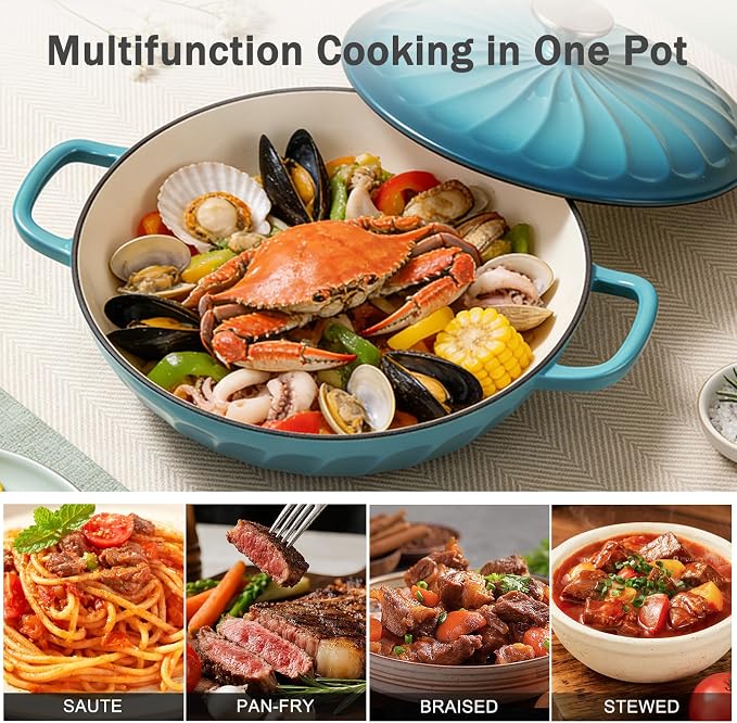 Enameled Cast Iron Dutch Oven, 3.8 Quart Dutch Oven Pot with Lid, Shallow Cast Iron Braiser with Handles, Oven Safe up to 500°F (BlueGreen)