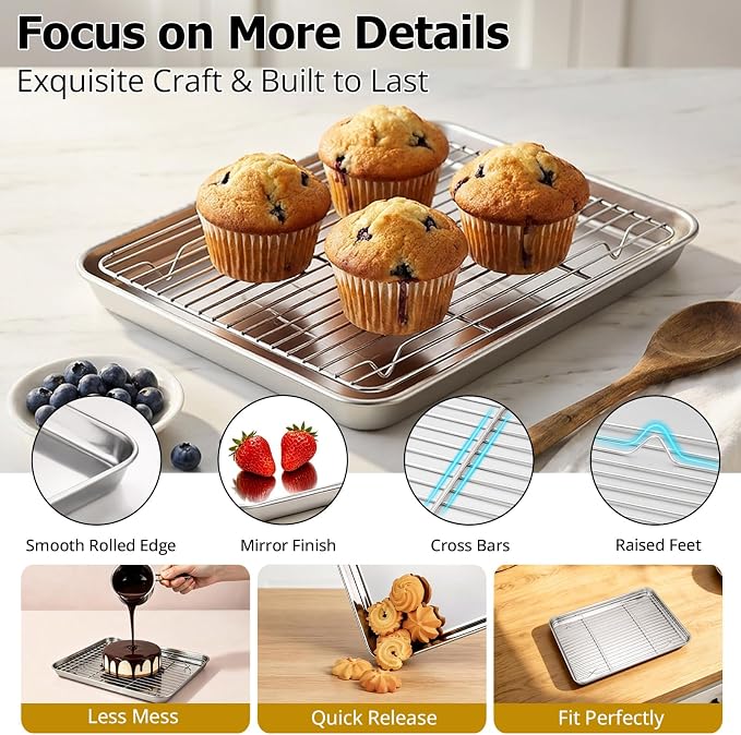 Onader Small Baking Cookie Sheet with Rack Set of 2, Stainless Steel 1/8 Sheet Pans for Baking, 9¼ x 7 Inch Metal Toaster Oven Tray with Cooling Rack, 2 Pans + 2 Racks
