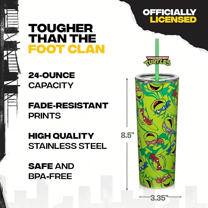 Dragon Glassware x Teenage Mutant Ninja Turtles Insulated Tumbler, 24 oz | Vacuum Insulated Stainless Steel Tumbler with Straw & Lid; Double Walled TMNT Tumbler with Straw Topper; Ninja Turtle Cup