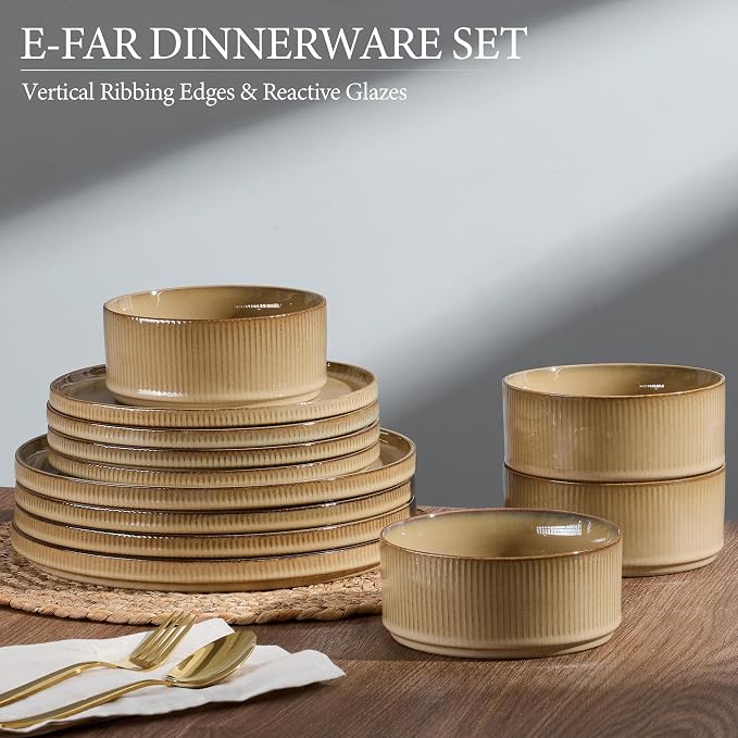 E-far 24-Piece Stoneware Dinnerware Sets, Plates and Bowls Sets for 8, Kitchen Modern Dinning Porcelain Dishes Set, Chip & Scratch Resistant, Dishwasher & Microwave Safe, Caramel Khaki