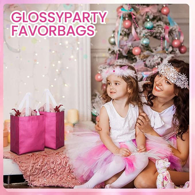Eccliy Reusable Gift Bags Set Glossy Grocery Gift Tote Bag with Handle for Wedding, Bridal Shower, 4th of July, Summer Event(10 x 8 x 4.7 Inch,Hot Pink,80 Pcs)