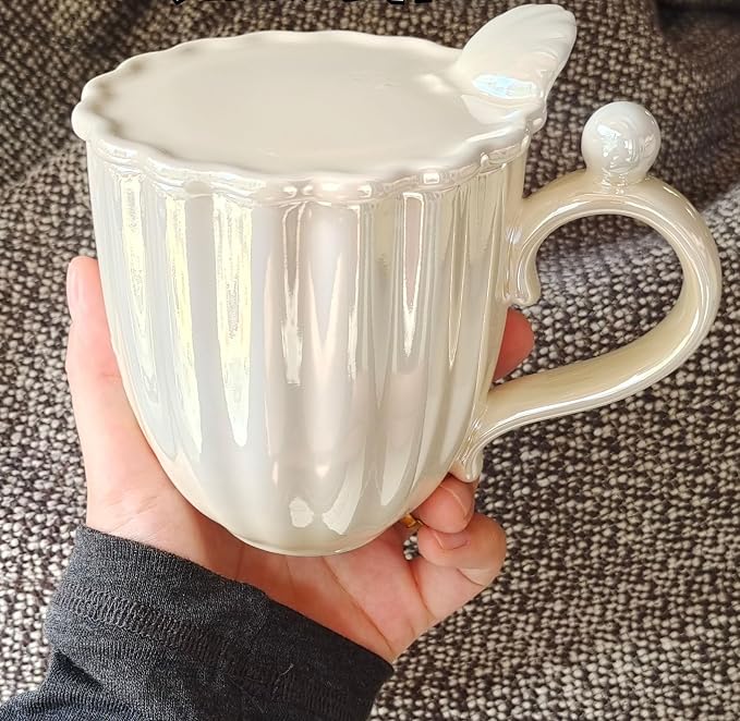 Pearl Ceramic Coffee Mug for Tea Latte Milk Cute Love Shape Cup for Home Office Women Gift 6.5 oz (Shell Blue, 420 ml)
