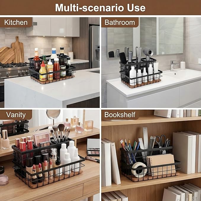 AceOrbit 2 Pcs 1pcs Hair Tool Organizer Countertop Breathable Metal Bamboo Hot Tools Vanity Organizer Under Sink Bathroom Hair Dryer Holder Countertop Brush Comb Holder Tray (Koa Wood,Black)