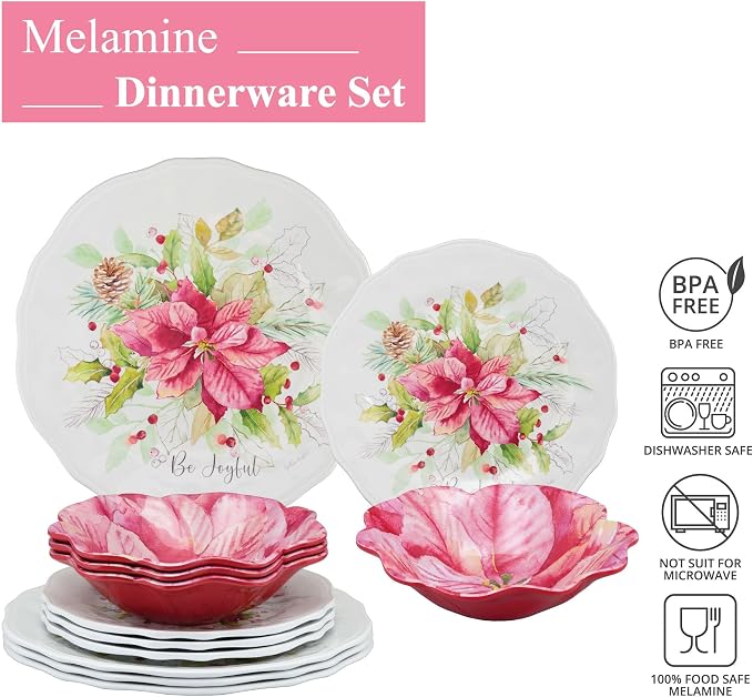 UPware 12 Piece Joyful Holiday Melamine Dinnerware Sets, Outdoor Dishes Set, Plates and Bowls Sets, Christmas Decorations, Service for 4, Red