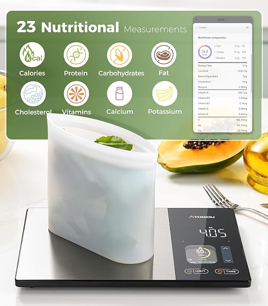Atogou Smart Food Kitchen Scale with Nutrition Calculator, Color Display & Free App, Precise Portion Control, Calorie & Macro Tracking for Weight Loss & Meal Prep Black