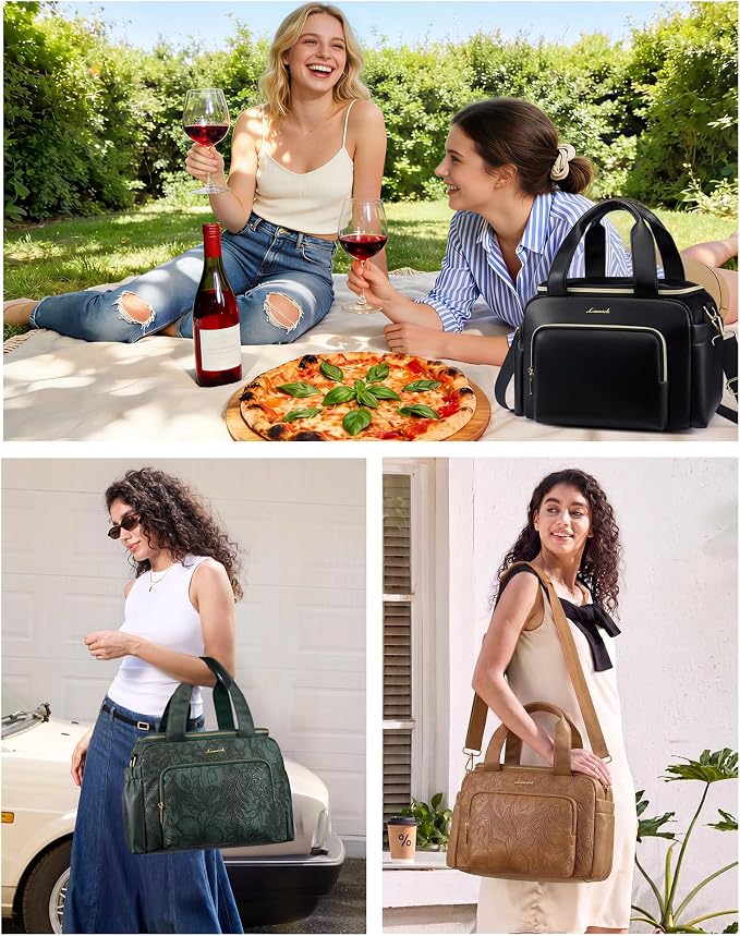LOVEVOOK Insulated Lunch Bag for Women, PU leather Lunch Box with Shoulder Strap, Wide Opening Adult Large Lunch bags for Work Picnic Beach Family Camping Outdoor Teacher