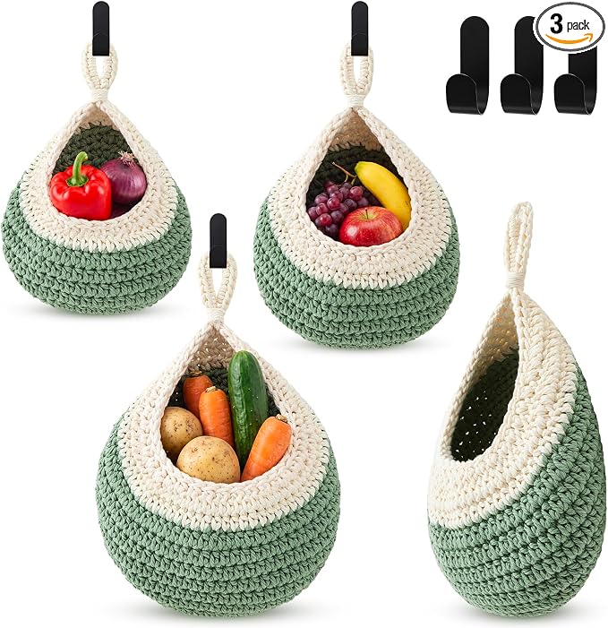 Honeydak Boho Decor Hanging Wall Baskets for Kitchen 3 Pack Teardrop Baskets with Hooks Storage Fruit Onion Vegetable Potato for Home 3 Sizes(White with Sage Green,Teardrop,Cotton Rope)