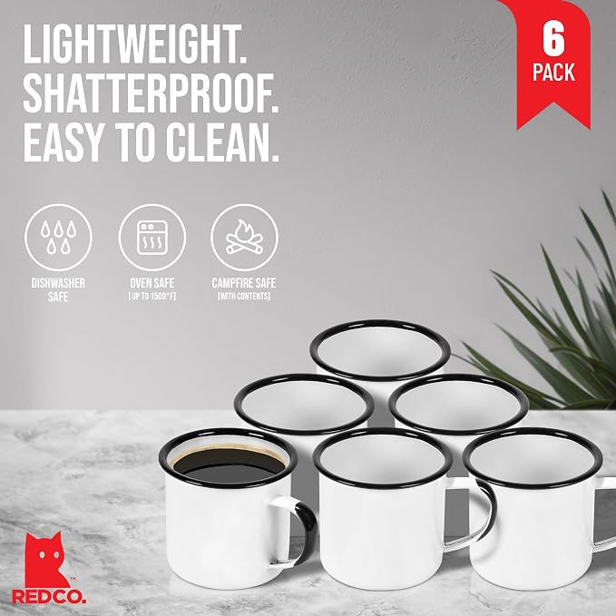 Red Co. Set of 6 Enamelware Metal Medium Classic 12 Oz Round Coffee and Tea Mug with Handle, Distressed White/Black Rim