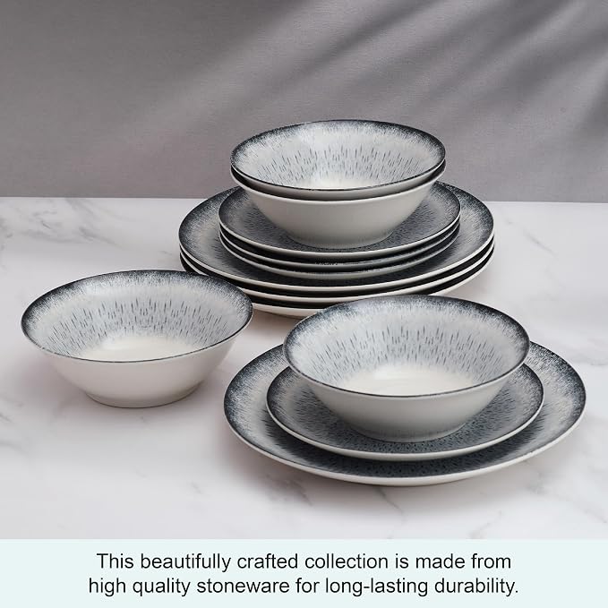 Mikasa Matteo 12 Piece Dinnerware Plate Bowl Set, Servie for 4, Gray